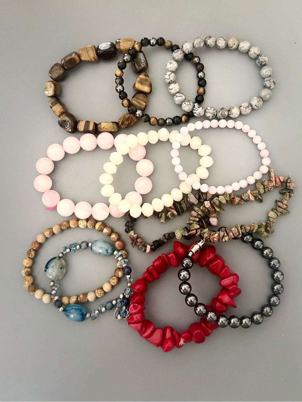 Gemstone Bracelets Lot of 12 Rose Quartz Tiger Eye Crystal and More Like New
